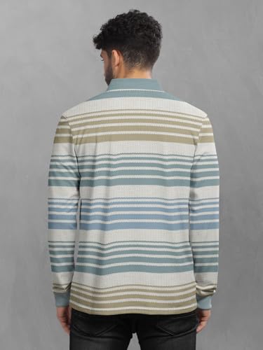 Image of BULLMER Striped Textured Printed Polo Neck Fullsleeve T-Shirt with Rib for Men