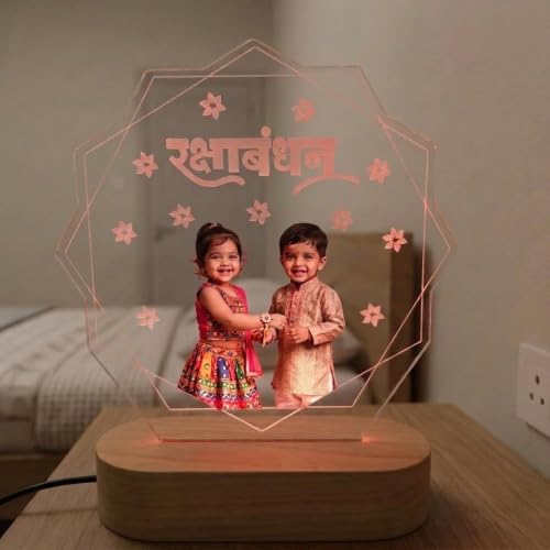 Image of Raksha Bandhan Personalized LED Table Lamp - Custom Photo Multicolor Acrylic Night Light for Brother & Sister - Name Printed Festival Gift