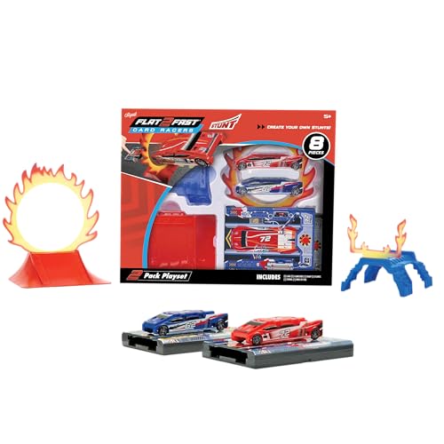 FLAT 2 FAST Stunt 2-Pack Playset – All-Inclusive Set with Launch Ramp, Fire Ring, Tunnel & 2 Flat Car Racers – Build Custom Stunts – Ages 5+
