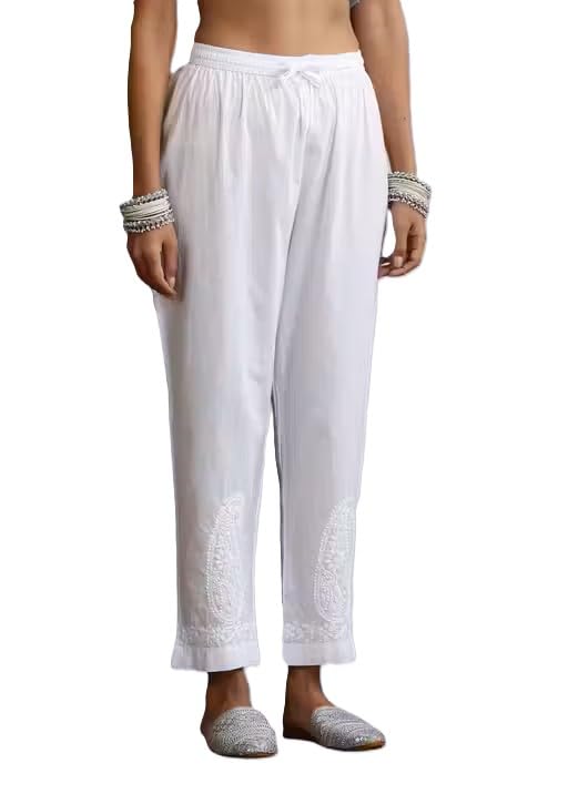 Women's White Cotton Straight Pants with Chikankari Paisley Embroidery, Elasticated Waist, Ethnic Wear-picture-19