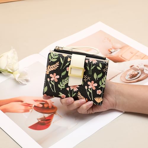 Image of RNIEGA Small Wallets for Women Bifold Vegan Leather Wallet RFID Blocking | Floral Pattern Card Holder with Zipper Pocket