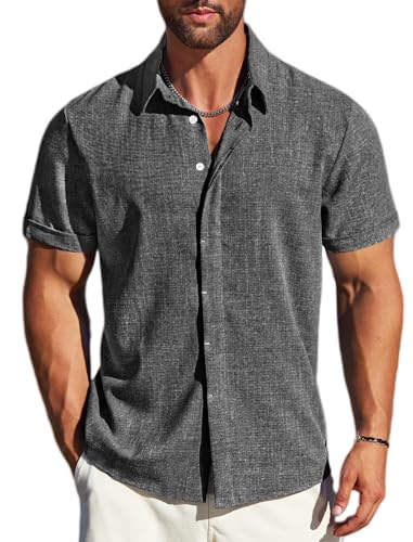 MAPICK Untuckit Shirts for Men Linen Short Sleeve Button Down Lightweight Breathable Summer Business Casual Clothes A-Dark Grey
