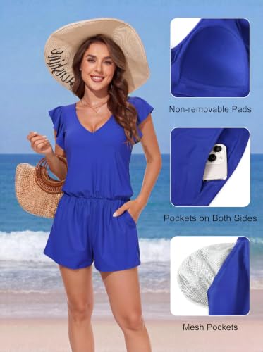 Image of Smismivo Swim Romper with Built in Bra and Pockets Swim Dress Modest One Piece Swimsuit Full Coverage Bathing Suit