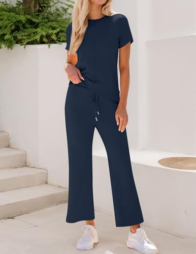Lounge Sets for Women 2 piece Travel Outfits Sets Short Sleeve Top Wide Leg Pants Loungewear Comfy Tracksuit4