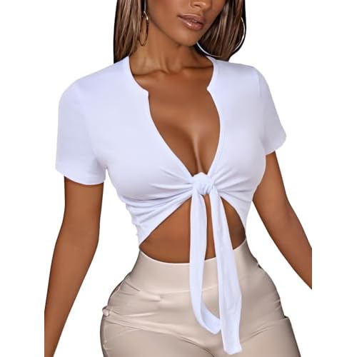 Women's Tie Front Crop Top V Neck Short Sleeve T Shirt Summer Casual Basic Slim Fit Tees