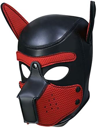 Zhengya Full Face Mask Dog Puppy Hood Leather Helmet Removable Mouth Cosplay Costume Party Props£¨Black&Red£