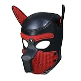 Zhengya Full Face Mask Dog Puppy Hood Leather Helmet Removable Mouth Cosplay Costume Party Props（Black&Red）