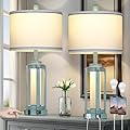 Farmhouse Lamps Set of 2, 26" Vintage Rustic Industrial Beside Lamps with USB A+C Charging Ports & AC Outlet, Nightstand Metal Lamp with LED Night Light & Fabric Shade for Living Room Bedrooms Blue