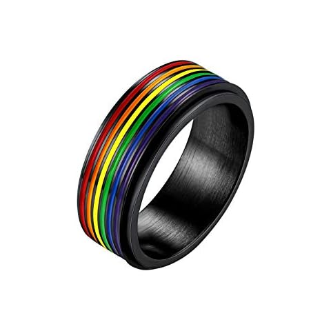 Bandmax Black Rainbow Pride Rings For Women Men Spinner Rings Anxiety Fidget Rings Gay Parade LGBT Ring For Lover Friendship Wedding Engagement Bands Size 8 With 7.8mm Stainless Steel(Gift Box) Cover