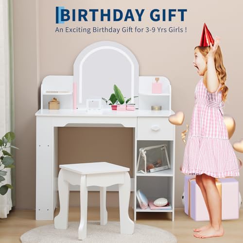 Garvee Kids Vanity with Lighted Mirror & Stool, Little Girls Vanity with Adjustable LED Light, Bookshelf, Storage Drawer & Shelves for Girls 3-9, White