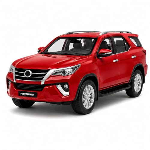 Image of 1:32 Scale Fortuner Die Cast Metal Pull Back Toy Car with Openable Doors Lights and Sound Realistic SUV Model 4x4 Miniature Collectible Vehicle for Kids Boys Girls Gift Toy Durable Red Fortuner Car