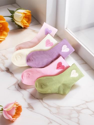 Girls 5 Pairs Crew Athletic Socks Cute Pink Sports Socks Casual Stretchy Socks 3-12Y2