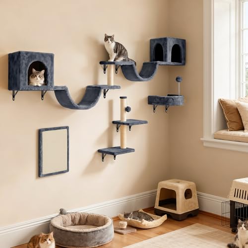 YITAHOME 8-teiliges Katzewand-Set, langlebige Plüsch-Kratzmöbel mit Kratzsäule, Katzenhaus, Katzenbrücke, Katzenleiter und Hängeball in...