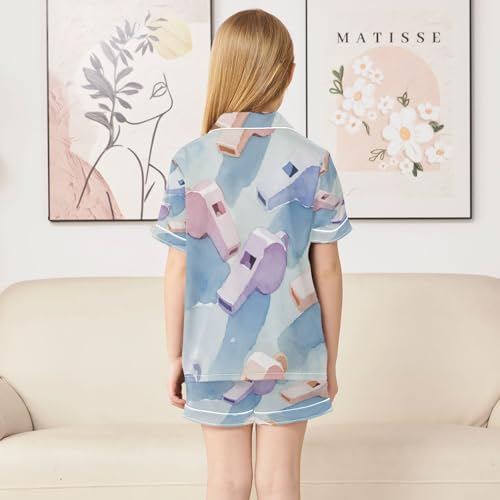 Satin Pajama Sets Short Sleeve Whistle Pattern Print on Fabric Button Down Silky Nightwear 2 Piece PJS 5-14Y4