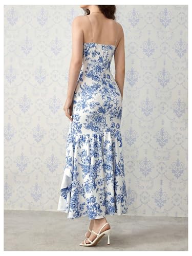 Image of Floerns Women's Floral Strapless Tube Dress Asymmetrical Ruffle Hem Bodycon Long Dresses