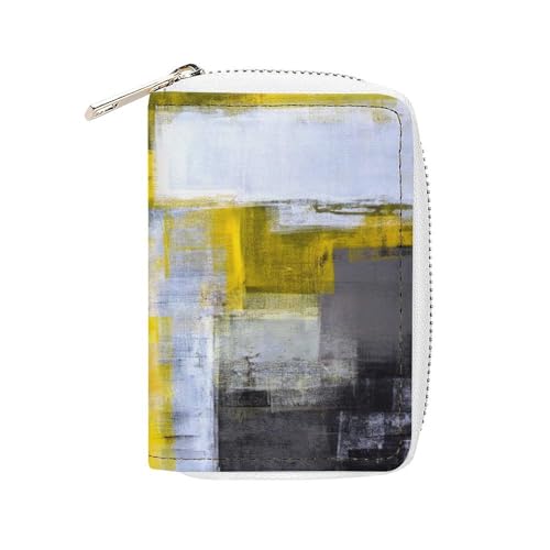 Women Leather Coin wallet, Key Change Organizer Zipper Card Holder Purse Clutch Pouch Pocket 4.5x3.15 in Print Grey Yellow White Dark Abstract Art Painting - Main Image
