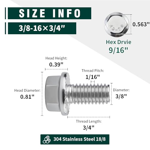 Image of 3 /8-16 x 3 /4 inch Flanged Hex Head Bolts Screws, 304 Stainless Steel 18-8, Full Thread, Coarse Thread, 10 PCS