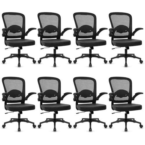 Image of KLASIKA Desk Chairs with Wheels, Ergonomic Mesh Back PU Leather Seat Home Office Adjustable Lumbar Support and Height Swivel Rolling Computer Task Chair with Flip Up Arms for Conference, Black, 8PK