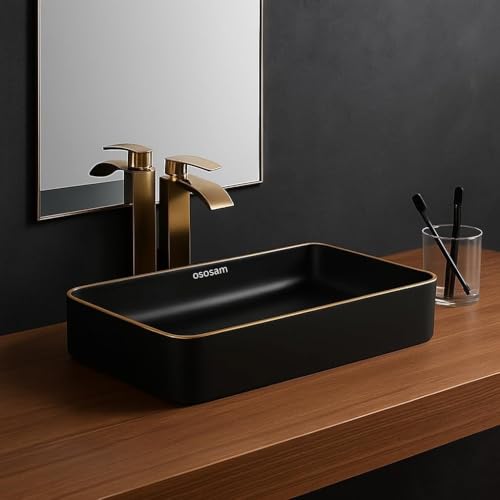 Image of OSOSAM Designer Ceramic Countertop Vessel Sink for Bathroom | Premium Matte Black Table Top Wash Basin for Home, Hotel & Vanity Spaces | 24 x 14 x 5.5 Inch