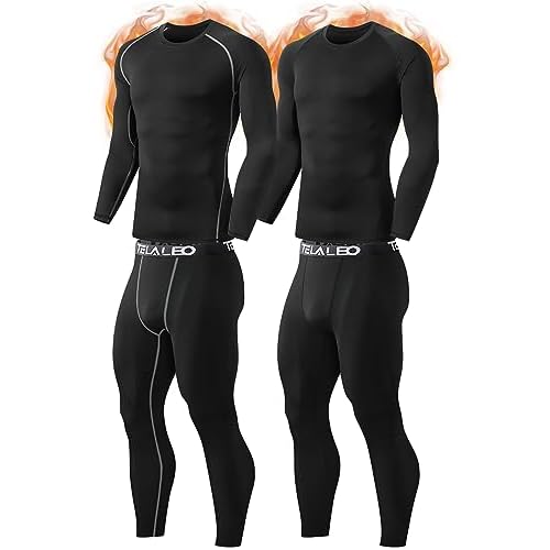 TELALEO 2 Set Mens Thermal Underwear Fleece Lined Long Johns 4 Pcs Base Layer Shirts Pant for Cold Winter Weather