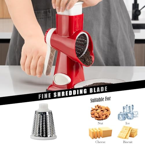Image of Badelite Cheese Grater Hand Crank Rotating Cheese Shredder Stainless Steel Vegetable Slicer Grater for Kitchen 3 Blades for Cheese, Carrot, Cucumber, Nuts, Chocolate, Red