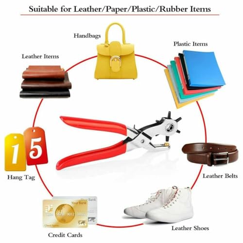 Image of Punch Hole Pliers: Metal Hand Tool with Revolving Heavy-Duty Puncher for Leather Craft, Belts, Watch Bands, Bags, Dog Collars and Fabric (Revolving Punch)