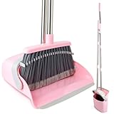 OOOFLOWER Broom and Dustpan Combo Set, Long Handle and Standing Dust Pan with Comb Teeth, Efficient Floor Cleaning for Kitchen, Outdoor, Dorm, Apartment, Office Lobby (Pink Gray)