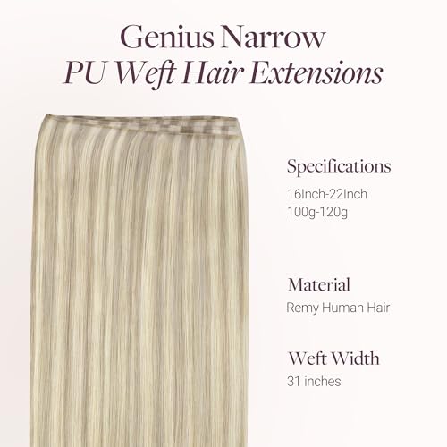 Image of GOO GOO Genius Narrow Edge PU Weft Hair Extensions Human Hair, Invisible Sew in Hair Extensions Human Hair, P17A /60A Ash Blonde Highlighted Platinum Blonde 18 Inch 100g, Seamless Soft Lightweight