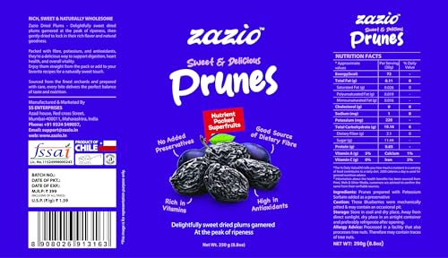 Image of Zazio Dried Prunes | RICH, SWEET & NATURALLY WHOLESOME PLUMS | Antioxidant Rich, Super Food, Dried Prunes, Pitted Prune | 250gm (Pack of 1)