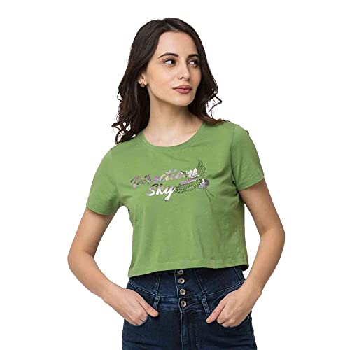 Image of Spykar Womens Regular Fit Cotton Lycra Solid T-Shirt (A21SPKT01BJ017G002, Green, L)