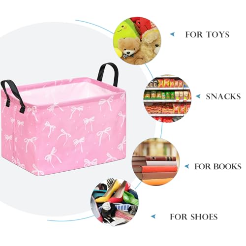 Image of Baby Storage Basket Nursery Box Laundry Hamper Organization Bins for Toys and Clothes with Handles (Pink Bow)