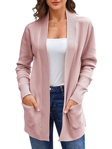Runcati Damen Lange Strickjacke Classic Elegant Open Front Strick Cardigan Langarm Taschen Pullover Rosa L