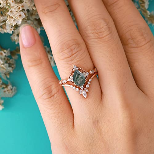 10K 14K 18K Solid Gold Natural Moss Agate Ring Set Inspired Leaf Moss Agate Engagement Ring Set Vintage Unique Moss Agate Bridal Wedding Ring Set Size 4-12.53