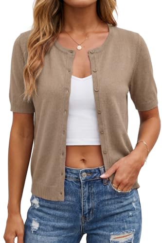 Arach&Cloz Women's Wool Cropped Business Casual Cardigan Tops Camel L