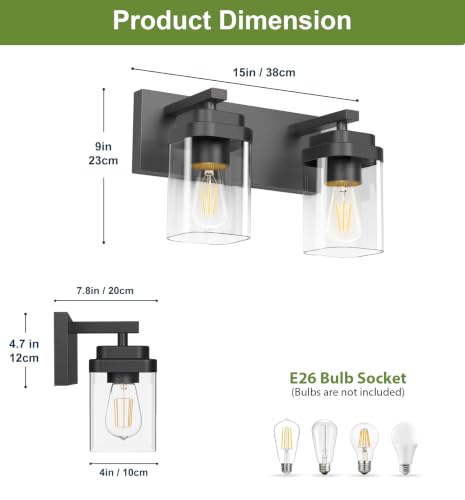Image of Black Bathroom Light Fixtures, 2 Lights Bathroom Lighting Fixtures Over Mirror, Square Design & Rectangle Large Backplate, Modern Vanity Lighting Fixtures, for Bathroom /Living Room /Bedroom