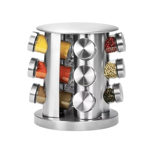 Porta Temperos Condimento Giratorio Inox Escovado 12 Potes de Vidro - Kit Pratico Elegante ideal para Presentes (PRIME CONCEPT)