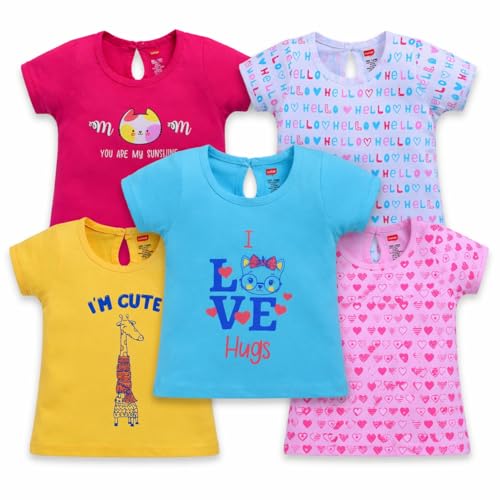 Image of LuvLap Baby Girls Regular Fit 100% Cotton Half Sleeves Girls Top Pack of 5