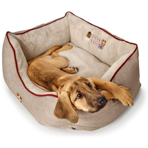 HUNTER Hundesofa UNIVERSITY, gemütliches Hundebett im College-Look, weiches Kuschelsofa mit Wendekissen, erhöhter Rand, Bezug waschbar, Farbe: beige, Größe: M