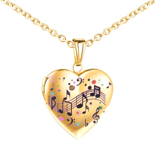 INFINIONLY Colliers Médaillons Cœur en Acier Inoxydable pour Femme Fille Enfant Pendentif Note de Musique Colorée Collier Souvenir Photo Personnalisé, Or