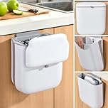 Ogrmar Kitchen Hanging Waste Bin with Lid, Foldable Kitchen Rubbish Bin, 10L Under Sink Food Trash Can, Wall Mounted Slide Open Compost Caddy for Counter Top, Cupboard Door, Cabinet, Motorhome, White