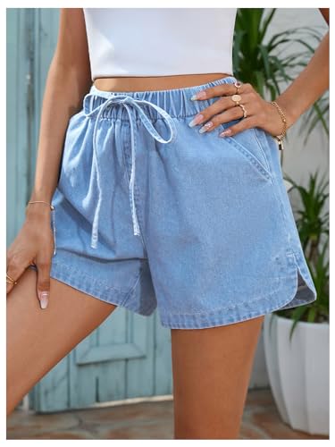 Oyoangle Women'S Elastic Waist Tie Front Straight Leg Denim Shorts Casual Jean Shorts With Pocket Light Wash Medium thumb #2