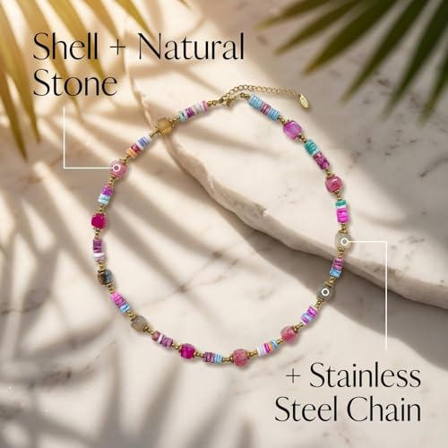 RINHOO Boho Natural Stone Shell Beaded Necklace for Women, Dainty 18K Gold Plated Handmade Choker Necklace Handmade Healing Jewelry (Style 1-Colorful) — view 5