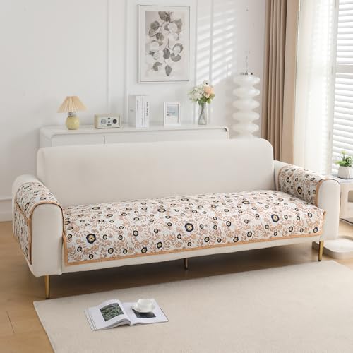 Image of HOKIPO 'HomeHues Series' Printed Quilted Sofa Seat Mat for 3 Seater Sofa with 2 Armrest Covers with Pockets, Light Peach Candytuft (IN-809-D6 + IN-814-D6*2)