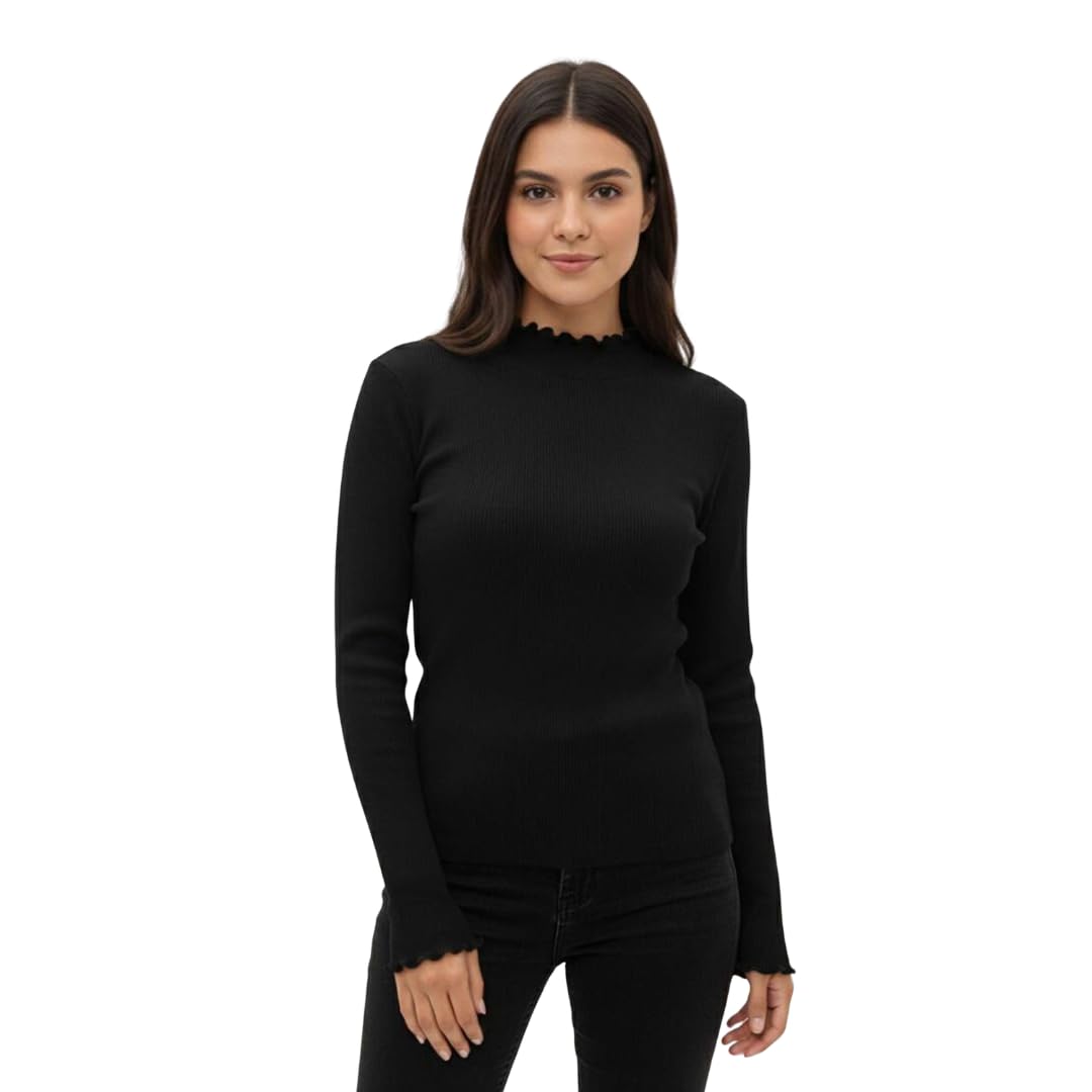 Women's Ribbed Mock Neck Long Sleeve Top with Ruffle Trim-image-39