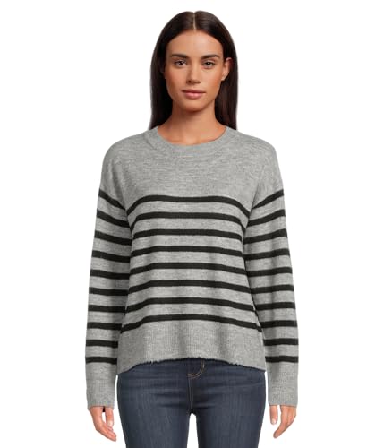 Liverpool Los Angeles Women's Long Sleeve Crew Neck Dropped Shoulder Sweater Light Grey/Charcoal Stripe Large
