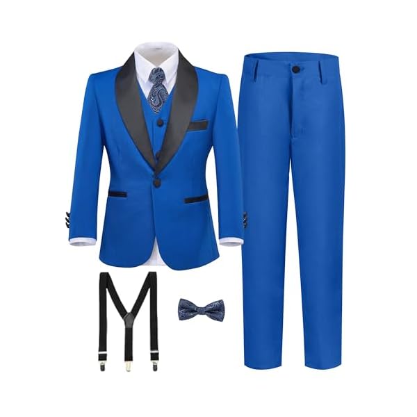 Boy's Formal Suit 7 Piece Slim Fit Tuxedo for Kids Teen Boys Jacket Vest and Pants Set for Wedding with Bow Tie Suspenders