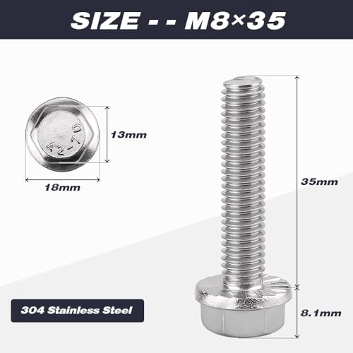 Image of M8-1.25 x 35mm (10 pcs) Flanged Hex Bolts, 304 Stainless Steel 18 /8, Large Washer Head Automotive Screws for Car Parts & Machinery Replacement