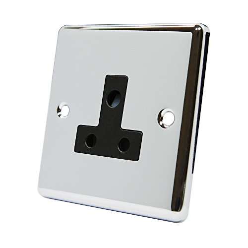 Polished Chrome Classical Round Pin 5 Amp Socket Black Insert - 5 Amp 1 Gang Round Pin Unswitched Plug Socket