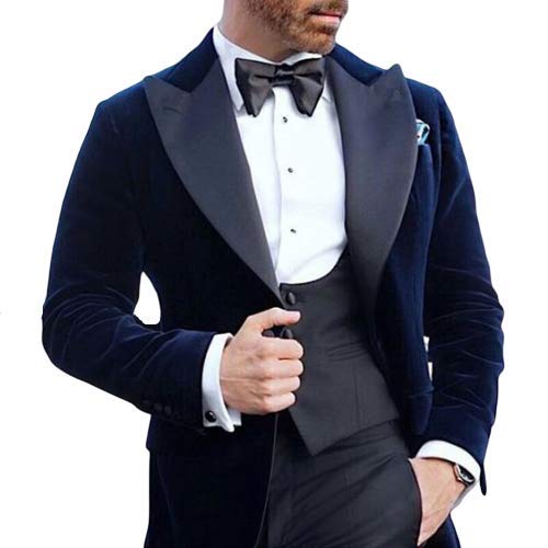 Men Navy Blue Velvet Blazers 1 Button Tuxedo Dinner Jackets Blazer Coat (L)