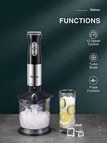 Hand Blender, Handheld Blender Electric, 5-In-1 Multifunctional Immersion Blender, 12 Speed And Turbo Mode, Stainless Steel Blade With Whisk, Chopper/Grinder Bowl And Beaker/Measuring Cup, By Yabano (4 In 1) #TOP6
